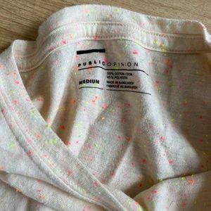Public Opinion Cream Cotton Tee with Neon Yellow & Pink Specks (Medium)
